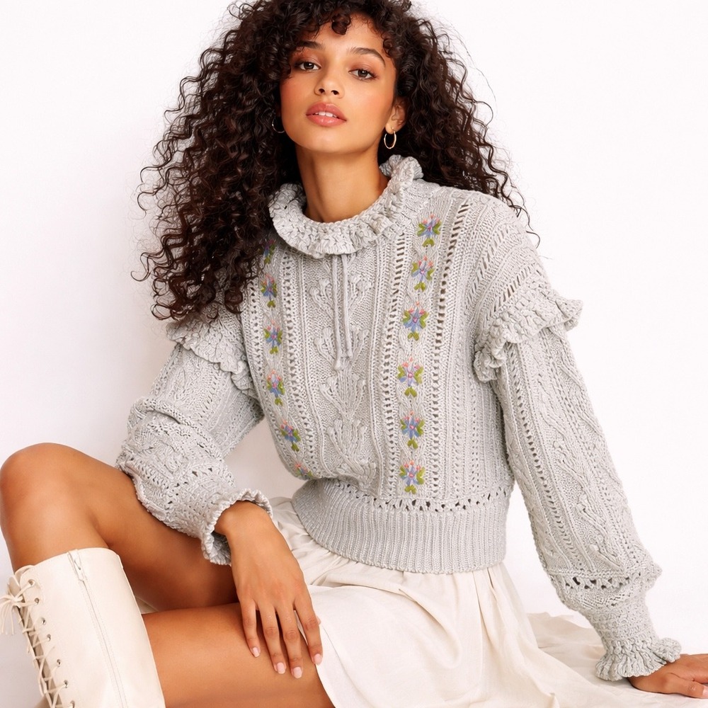 Zara Grey Knit Sweater Floral Embroidered Ruffle Collar S Twee Cottagecore‎ Boho